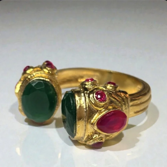18k Gold Plated Chunky Green Onyx Pink Chalcedony Byzantine Ring - Picture 4 of 7